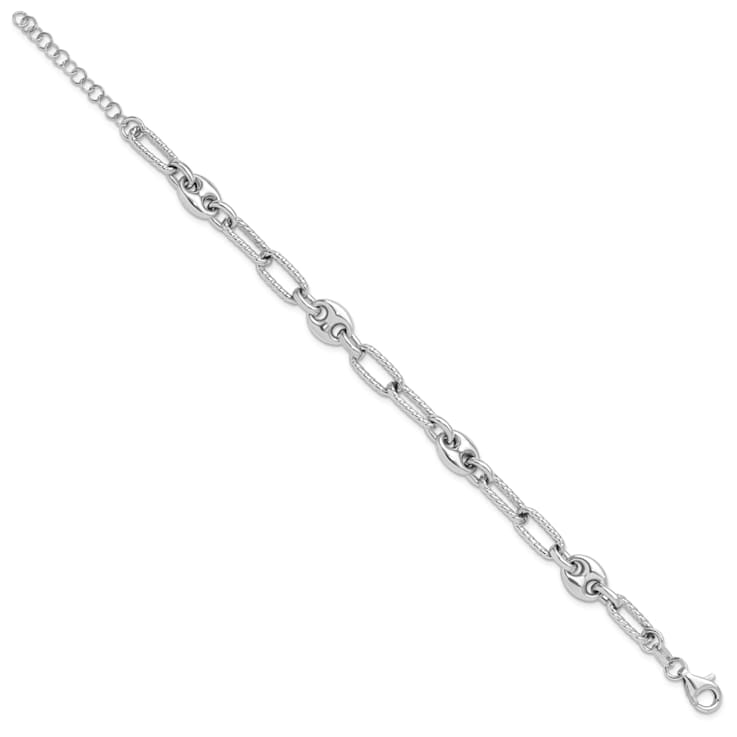 Rhodium Over Sterling Silver 7-inch with 1-inch Extension Fancy Link Bracelet