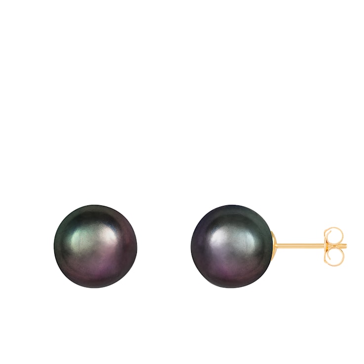 14k Yellow Gold 10-11mm Black Freshwater Pearl Stud Earrings