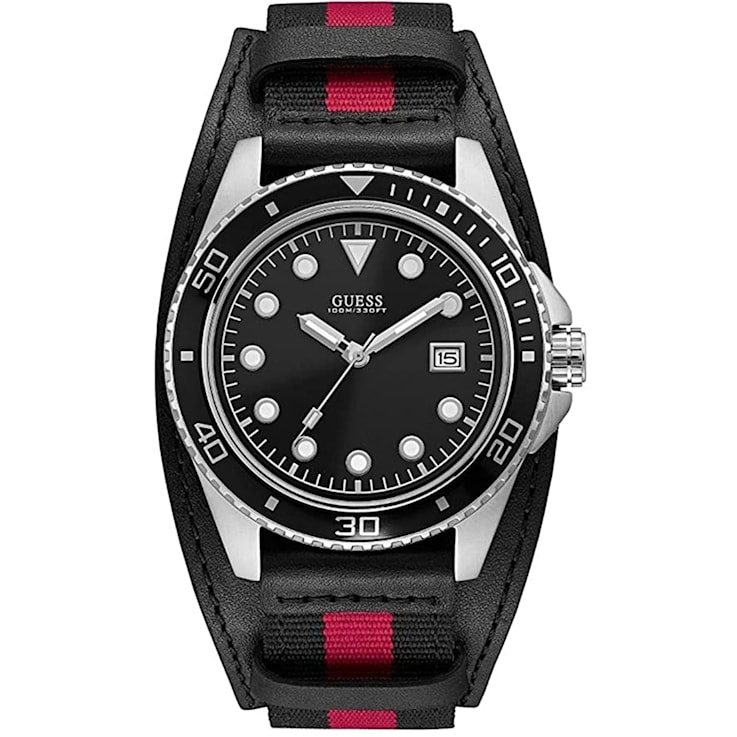 Guess Men's Classic Black Dial Black with Red Stripe Fabric Strap Watch