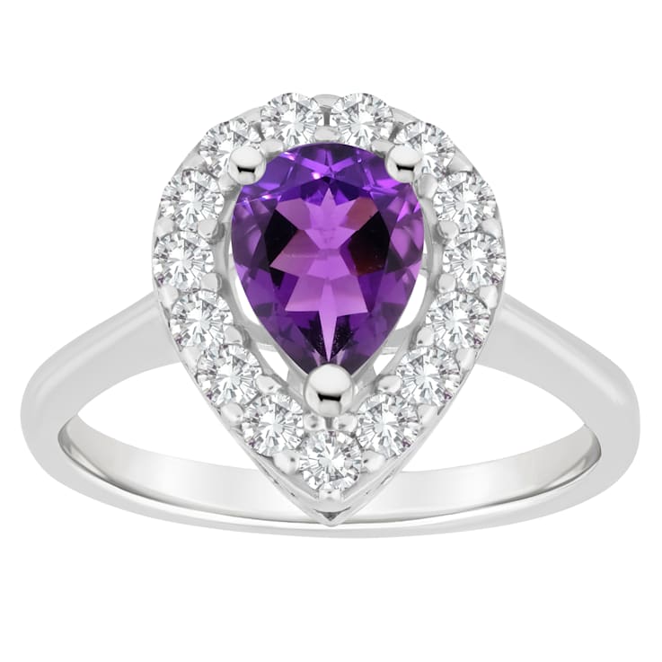 8x5mm Pear Shape Amethyst And White Topaz Accents Rhodium Over Sterling
Silver Halo Ring