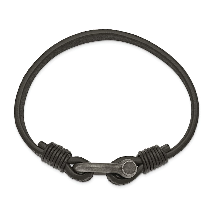 Black Leather and Stainless Steel Antiqued White Bronze Plated 8-inch
Shackle Bracelet