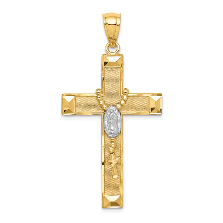 14K Yellow Gold with White Rhodium Cross with Rosary Pendant