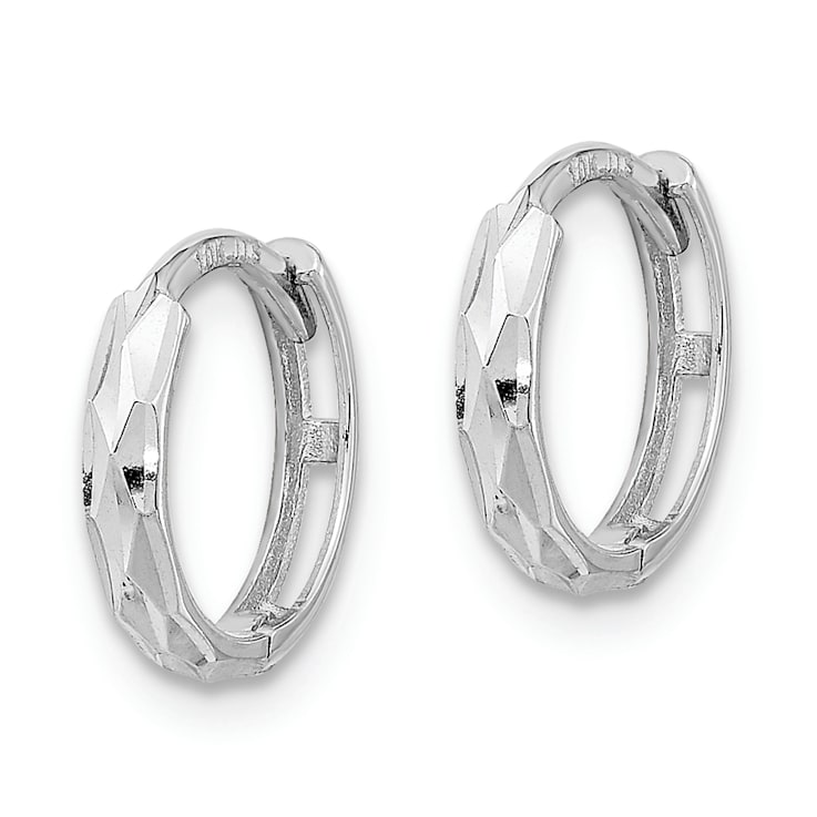Rhodium Over 14K White Gold Hinged Diamond-cut Hoop Earrings