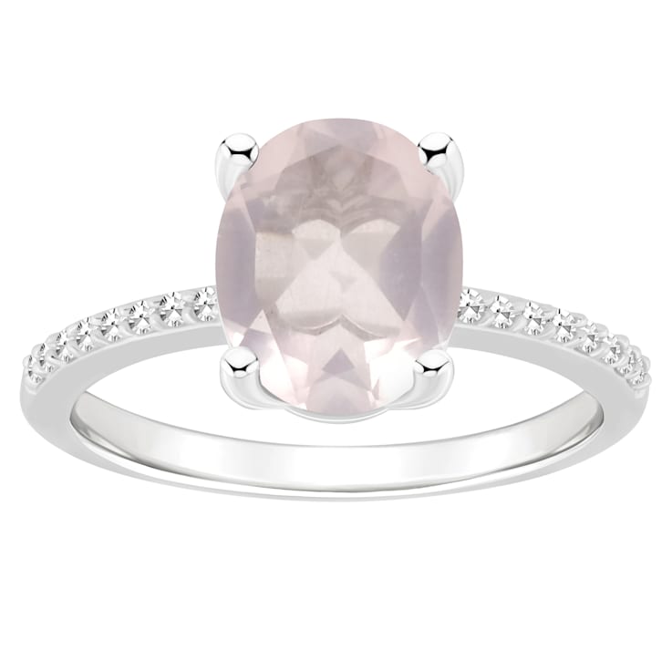 10x8mm Oval Rose Quartz and 1/10 ctw Diamond Rhodium Over Sterling
Silver Ring