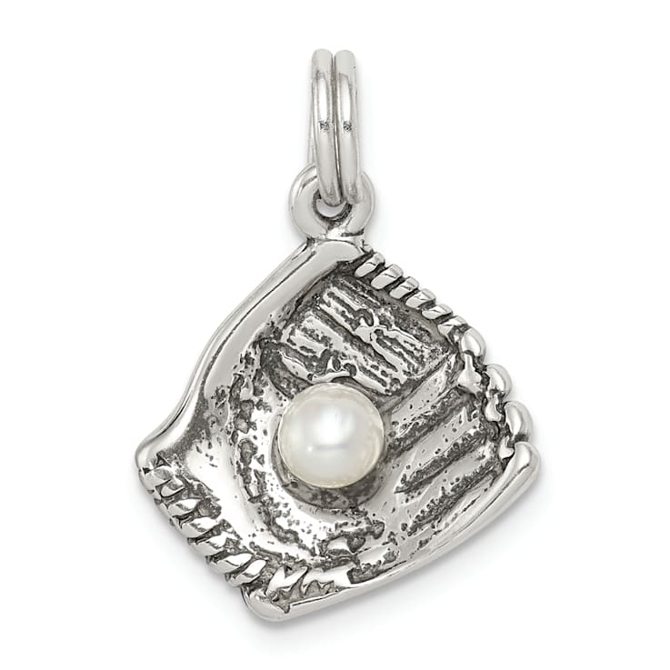 Sterling Silver Antiqued Baseball Glove with Simulated Pearl Charm