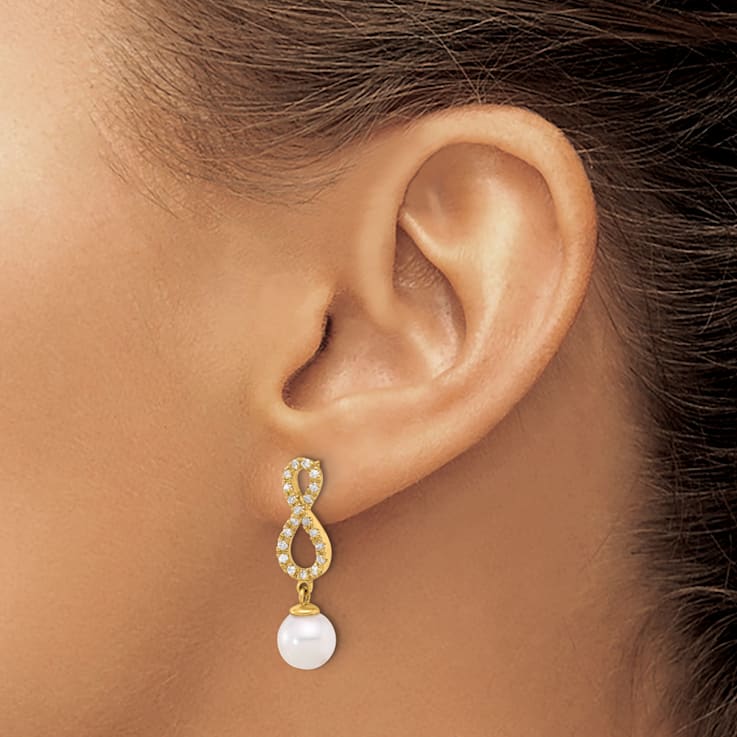 14K YG 7-8mm Round White Akoya Cultured Pearl and 0.40 cttw Diamond
Infinity Post Dangle Earrings