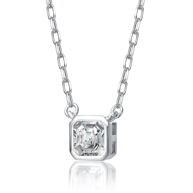 Square CZ Bezel Solitaire Pendant In Rhodium Over Brass 16 Inch