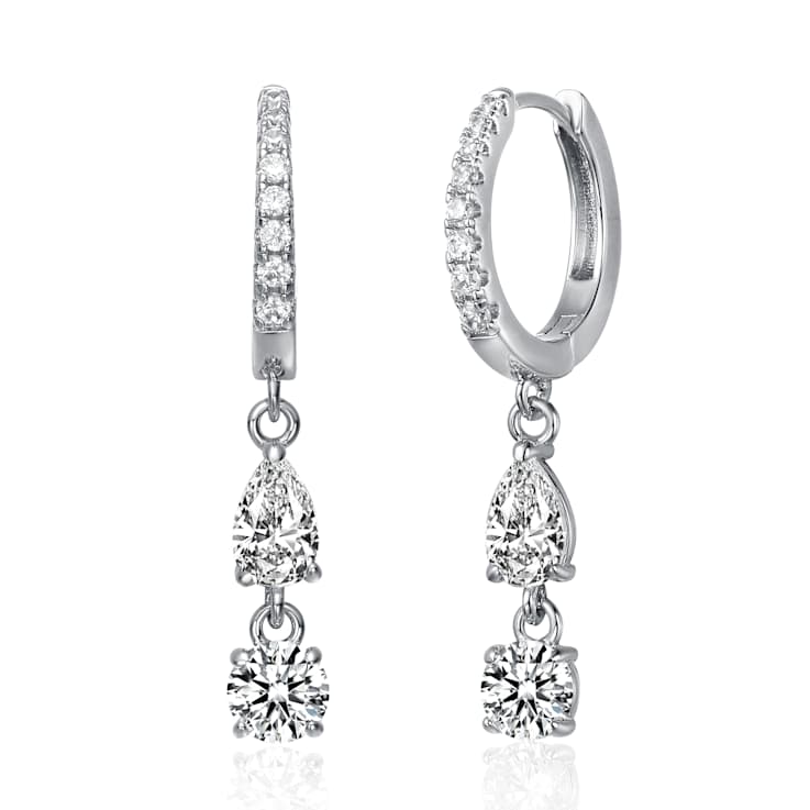Two-Stone CZ Dangle Huggie Earrings In White Rhodium Over Brass