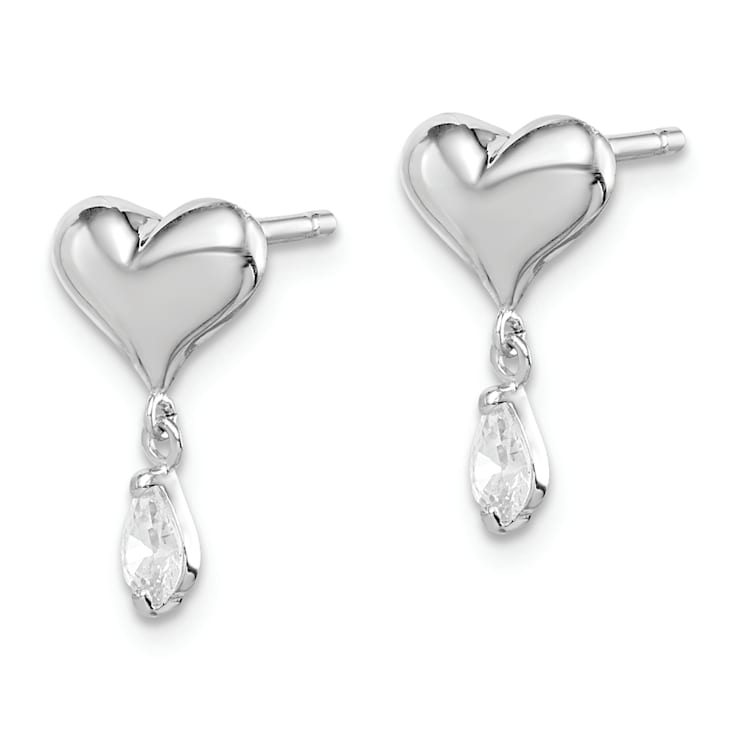 Sterling Silver Rhodium-plated CZ Heart Post Dangle Earrings