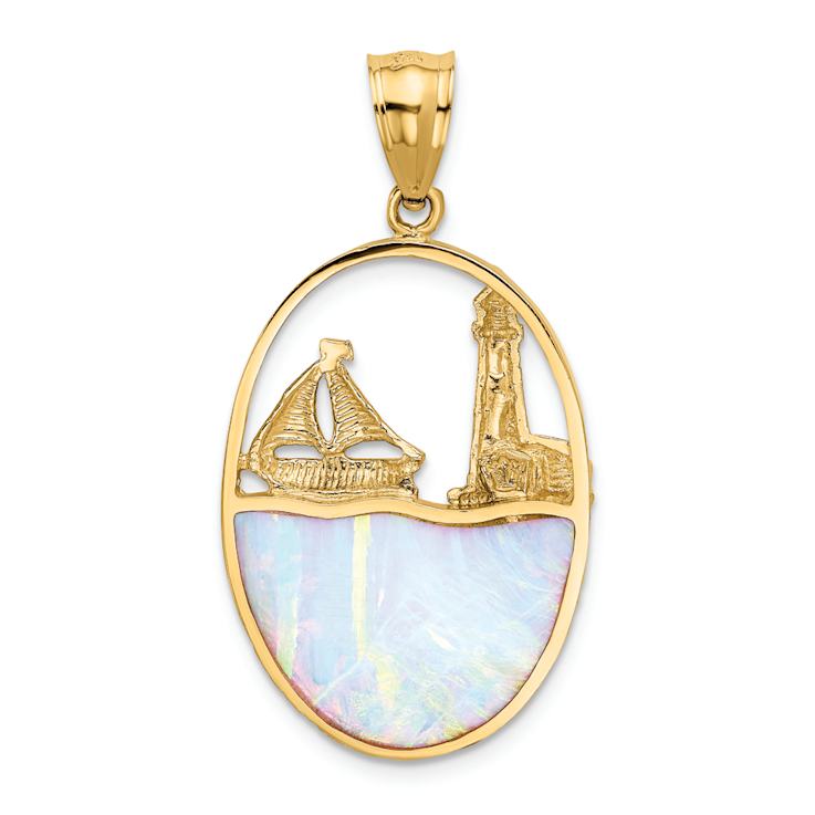 14k Yellow Gold Textured Lab Created Opal Lighthouse Sailboat in Oval Pendant