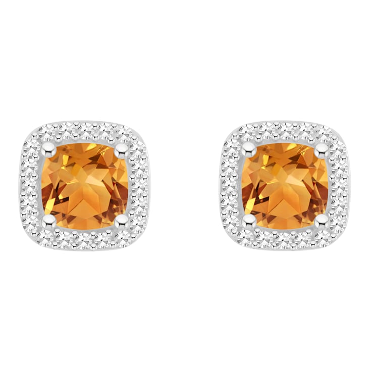 5mm Cushion Citrine 1/5 ctw Diamond Rhodium Over Sterling Silver Halo
Stud Earrings