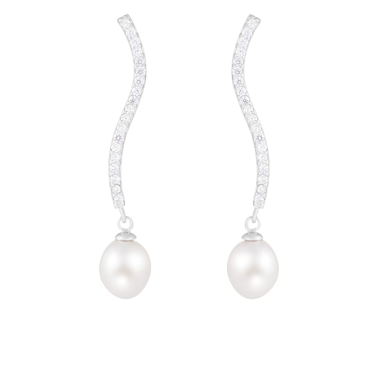 7½-8mm White Cultured Freshwater Pearl and Cubic Zirconia Rhodium Over
Sterling Silver Earrings