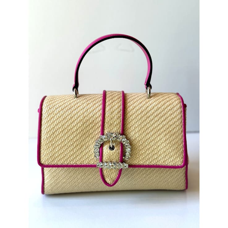 Jimmy Choo Cheri Crystal Medium Top Handle Bag Raffia Pink