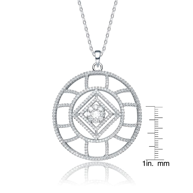 Geometric CZ Halo Pendant Necklace In White Rhodium Over Brass