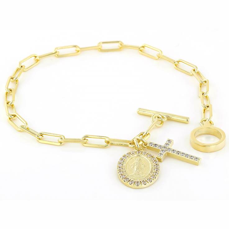 Paperclip Link Bracelet With Cross And Saint CZ Charms In 18K Gold Over
Sterling Silver