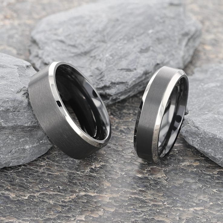 ATNOS Brushed Black Center Polished Beveled Edges Men’s Titanium Wedding
Ring 8mm