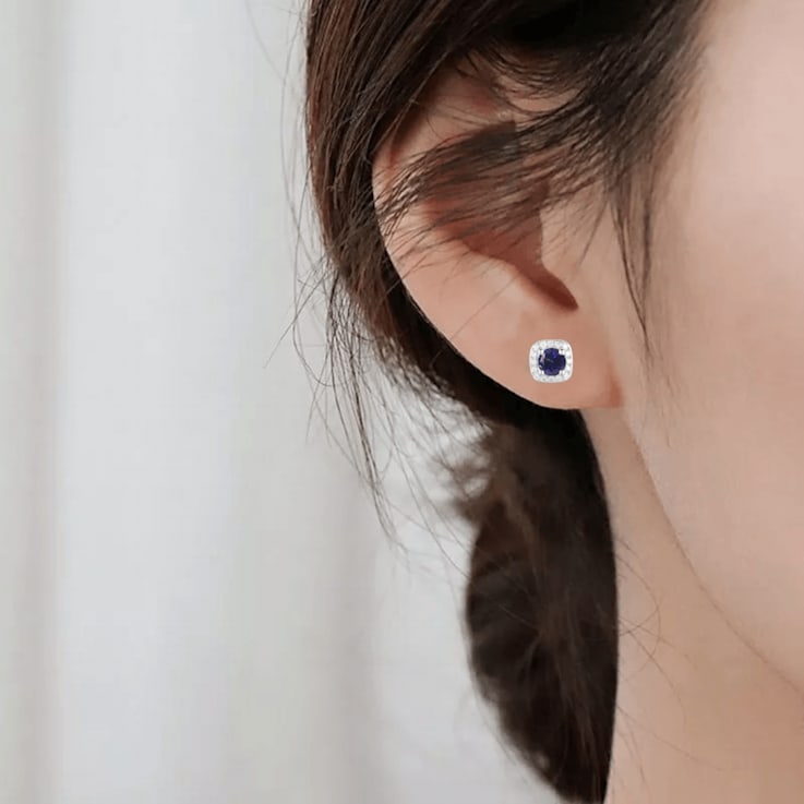 Blue Sapphire with Moissanite Sterling Silver Halo Stud Earrings