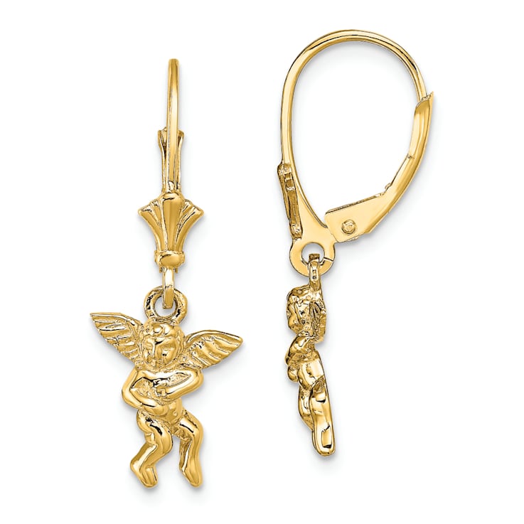 14k Yellow Gold Textured Angel Dangle Earrings