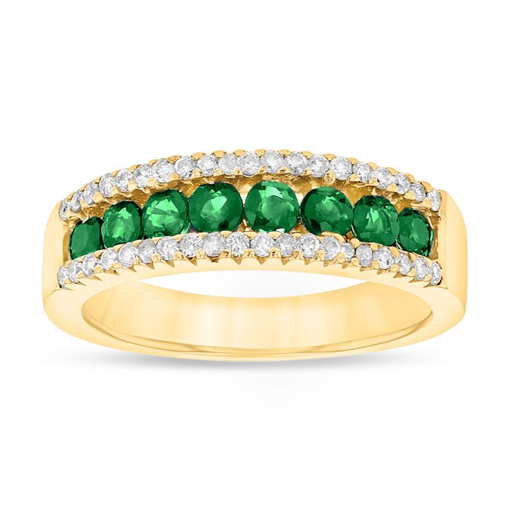 Emerald and Diamond 14k Yellow Gold Band Ring 0.90ctw