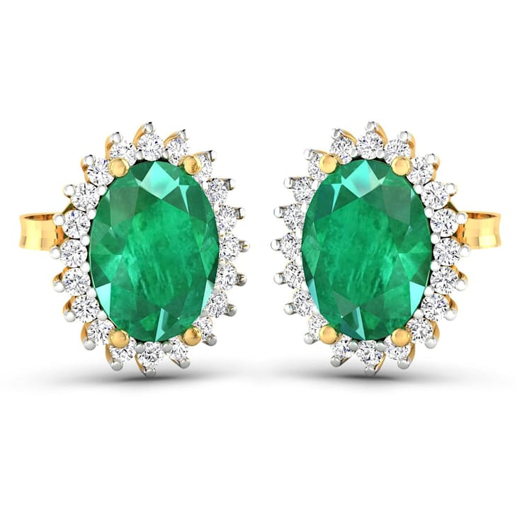 2.0ctw 14K Yellow Gold  Zambian Green Emerald and White Diamond Halo Earrings