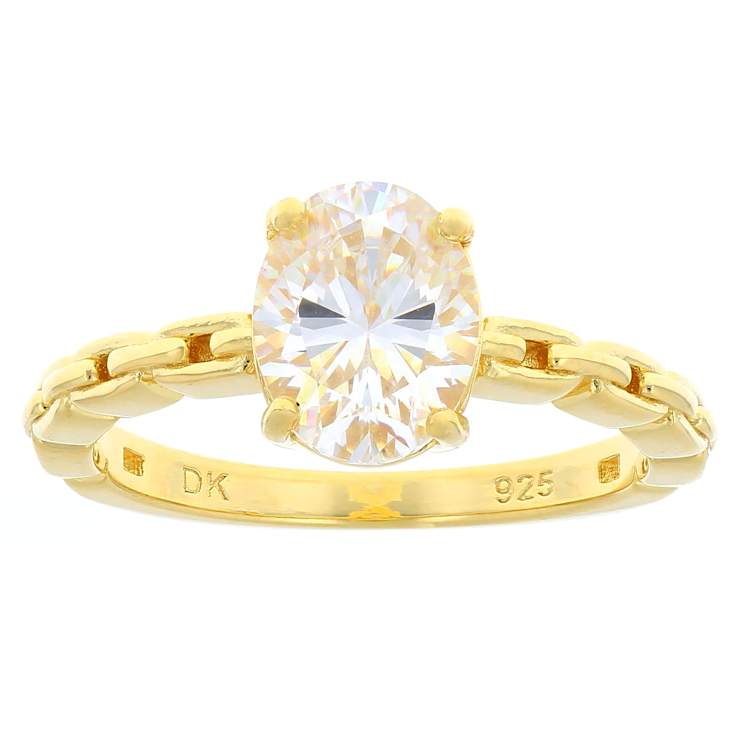 Diamond Simulant Oval Solitaire With Link Detail Band Ring In 18K Gold
Over Sterling Silver 2.25ct