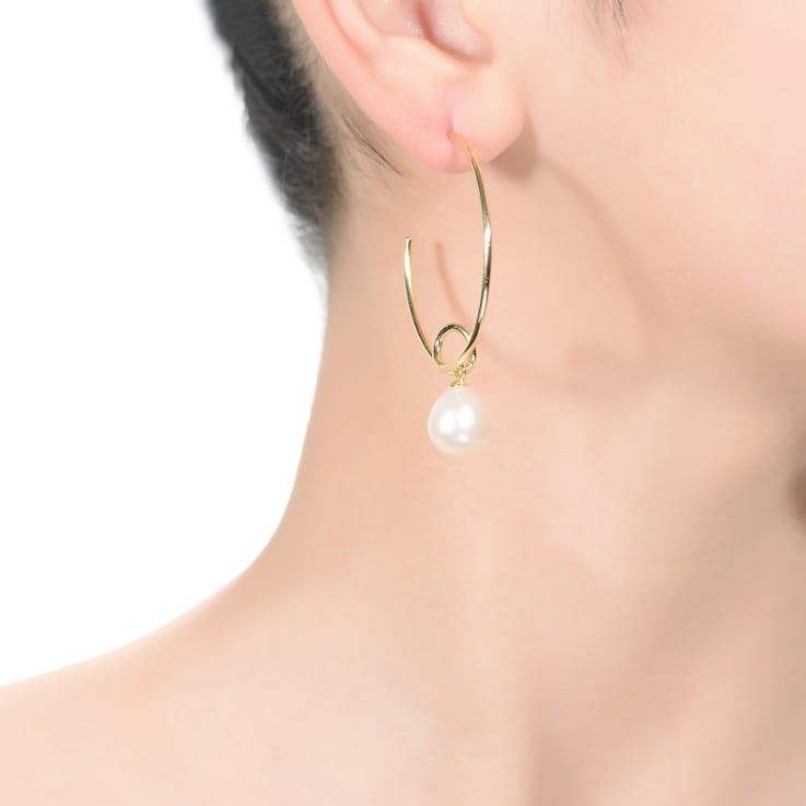 Freshwater Pearl Open Hoop Earrings In 14K Gold Over Sterling Silver