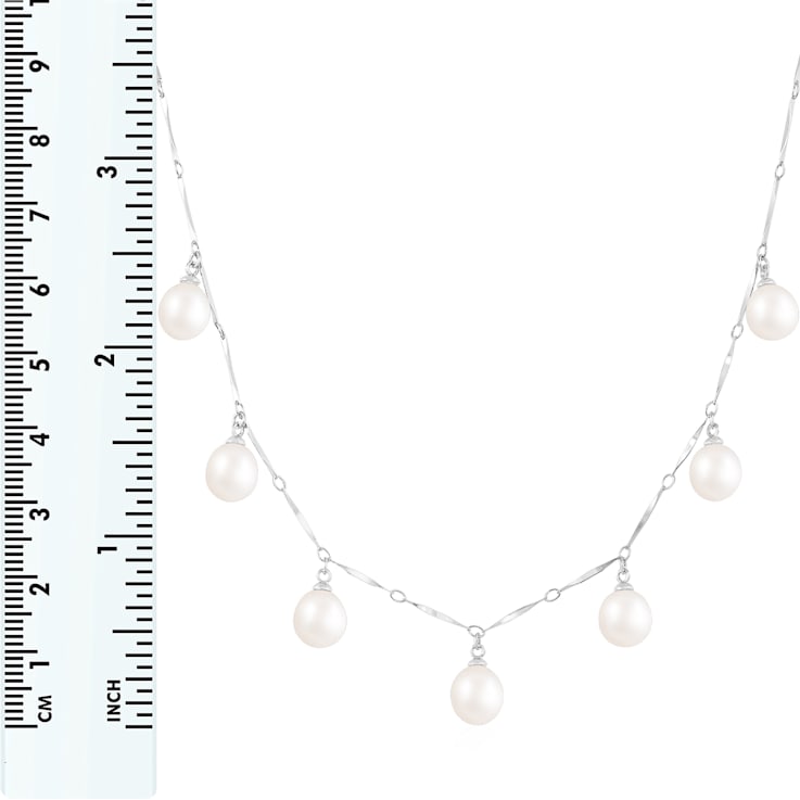 7-8mm White Cultured Freshwater Pearl Rhodium Over Sterling Silver Necklace