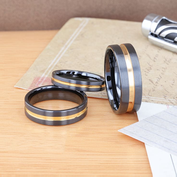 VIVALDI Black Ceramic Wedding Band With Yellow Gold Groove 8mm