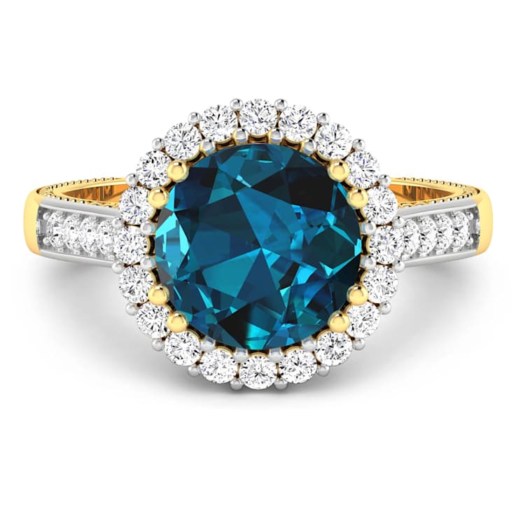 Round London Blue Topaz and Diamond 14K Yellow Gold Halo Ring 3.44 ctw