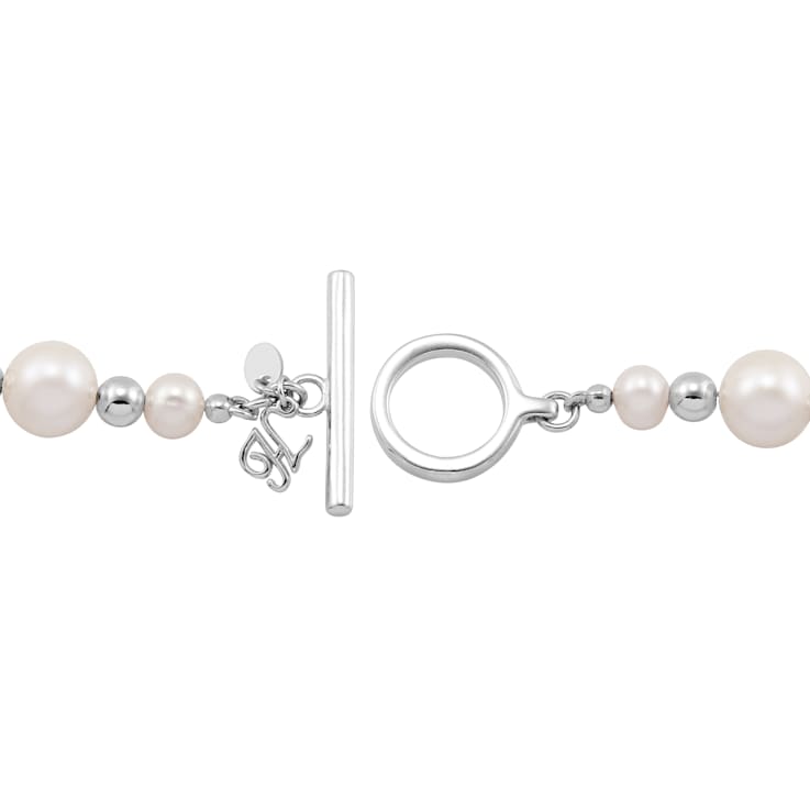 6-10mm Round White Freshwater Pearl and Beaded Sterling Silver Bracelet
with Toggle Clasp