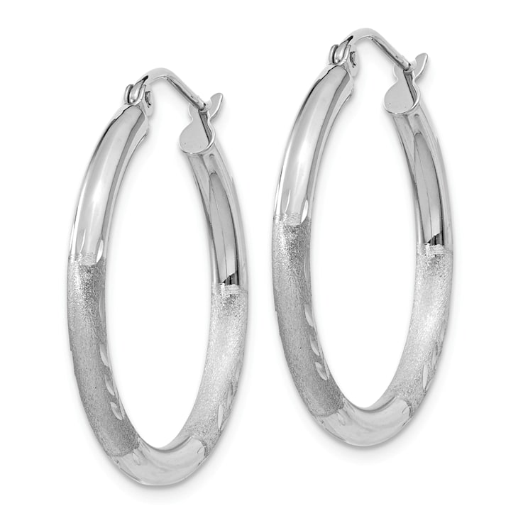 Rhodium Over 14k White Gold 1 1/16" Satin and Diamond-cut Round
Hoop Earrings