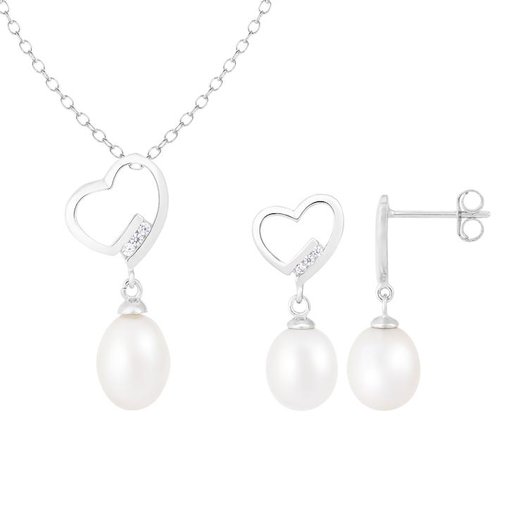 7-9mm Drop White Freshwater Pearl and CZ Rhodium Over Sterling Earring
and Pendant W/Chain Set