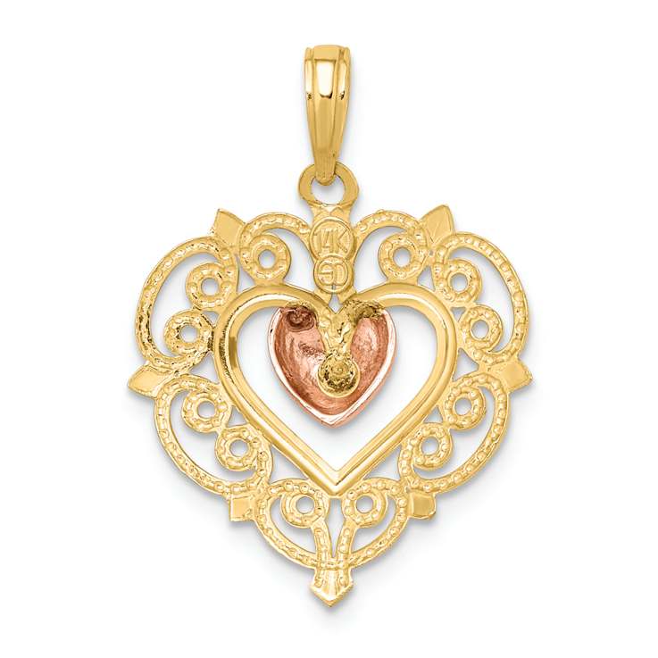 14K Two-tone Gold  Textured Heart with Lace Trim Charm
