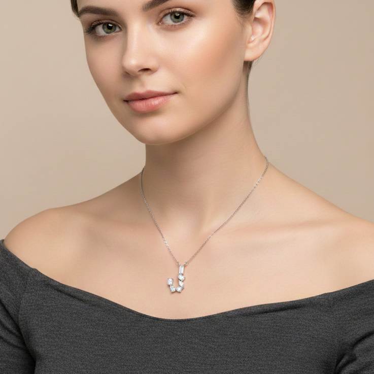 Initial J Mixed Cut CZ Pendant Necklace In Sterling Silver 18 Inch