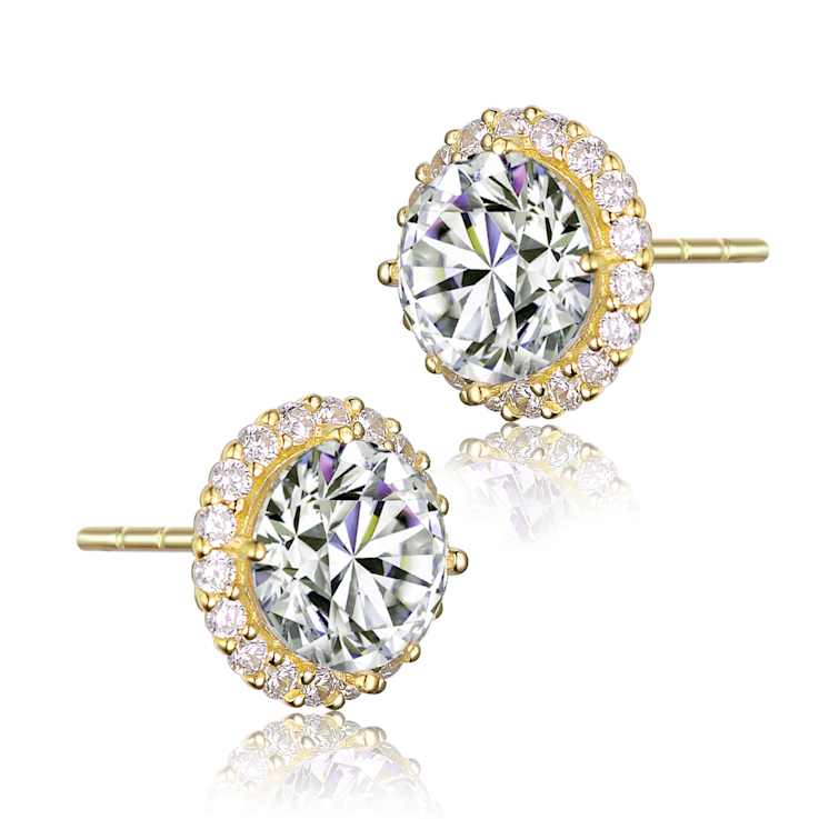 CZ Halo Stud Earrings In 14K Gold Over Sterling Silver