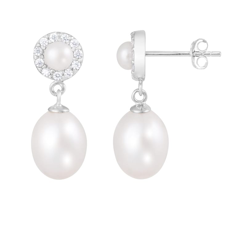 4-8.5 White Cultured Freshwater Pearl and Cubic Zirconia Rhodium Over
Sterling Silver Earrings