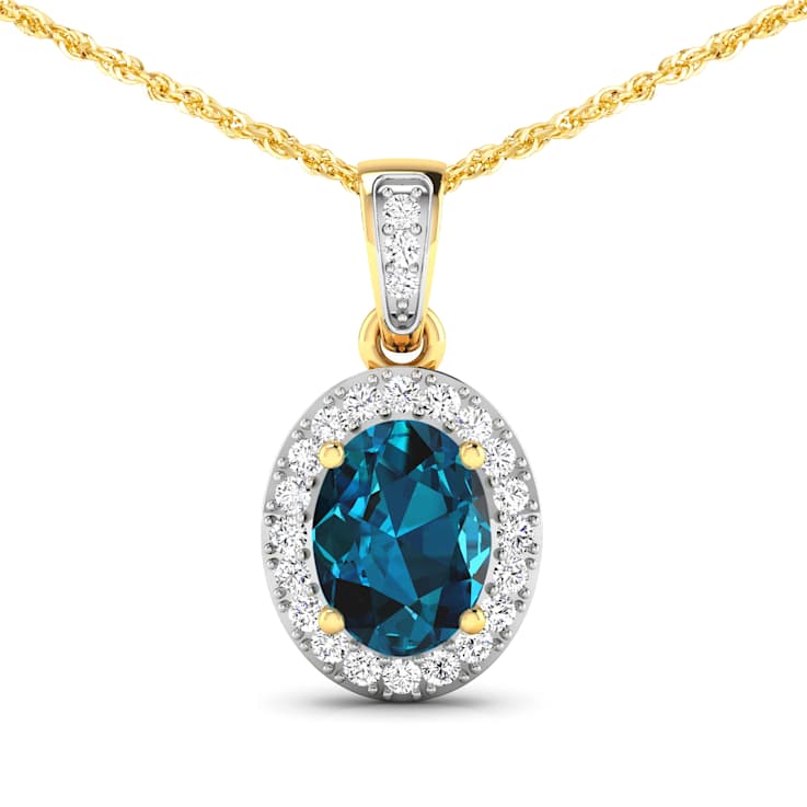 1.10ctw 14K Yellow Gold Blue London Blue Topaz and White Diamond Pendant
with 18 inch Cable Chain