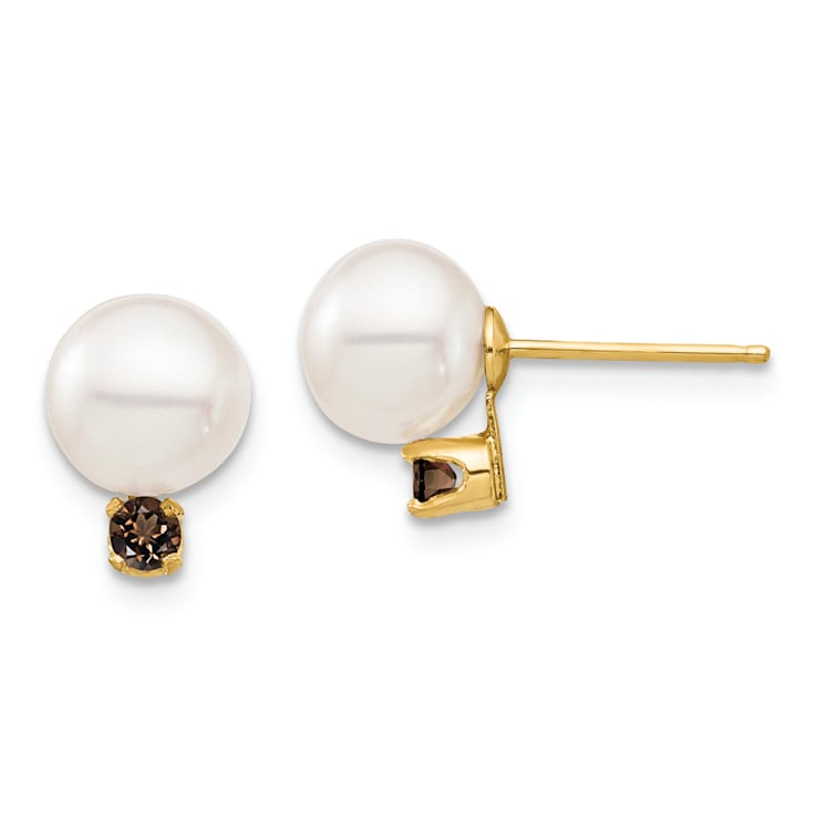 14K Yellow Gold 7-7.5mm White Round Freshwater Cultured Pearl Smokey
Quartz Post Earrings