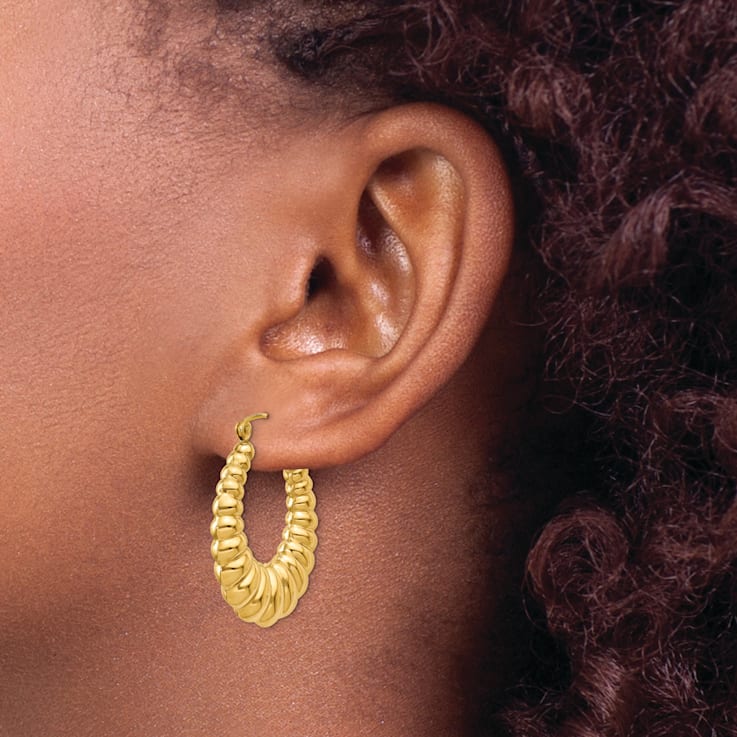 14k Yellow Gold Polished Textured 1/2" Scalloped Hoop Earrings