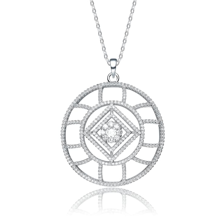 Geometric CZ Halo Pendant Necklace In White Rhodium Over Brass