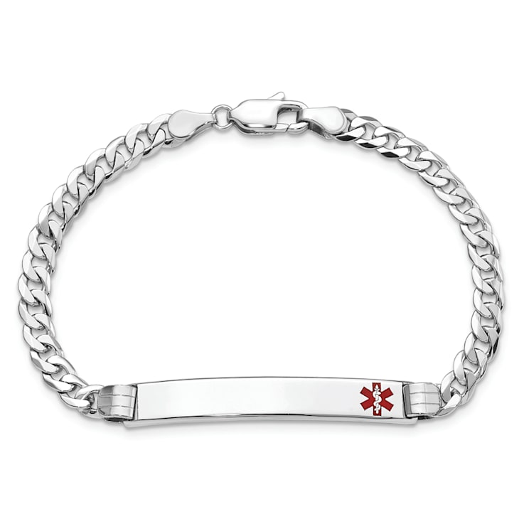 Rhodium Over 14k White Gold Medical Red Enamel Flat Curb Link ID Bracelet