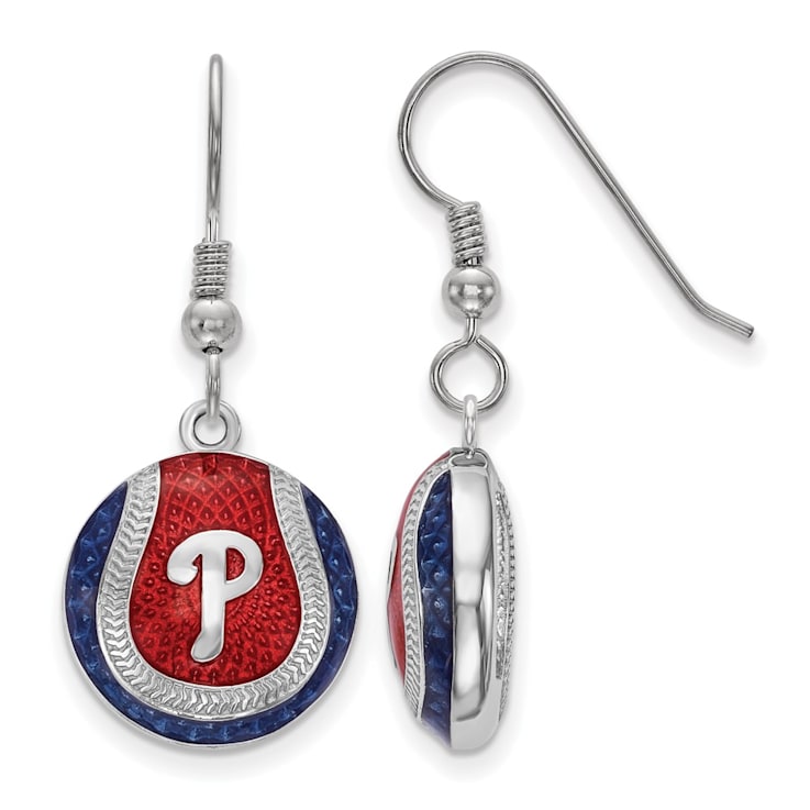 Rhodium Over Sterling Silver MLB LogoArt Philadelphia Phillies Enamel Earrings