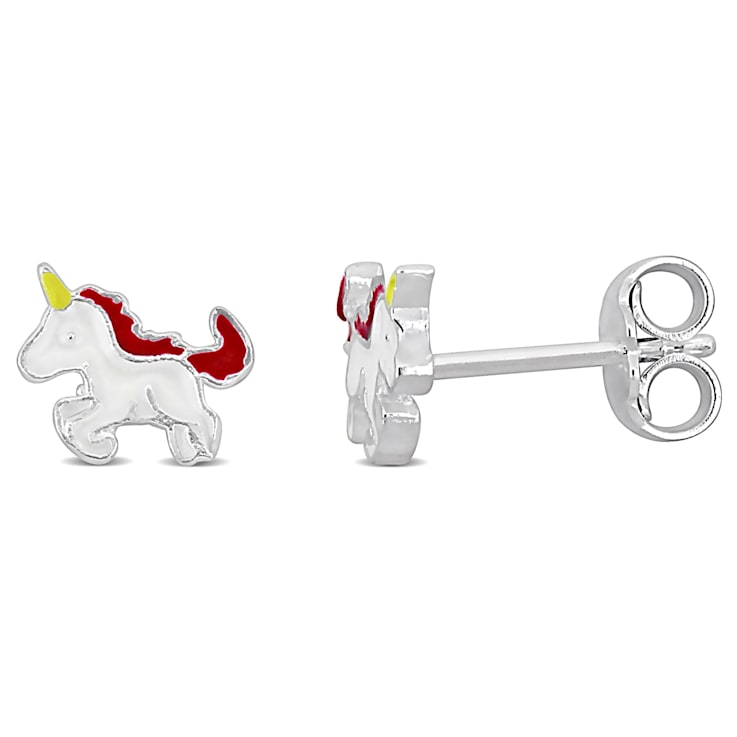 Children's Pink & White Enamel Unicorn Stud Earrings in Sterling Silver