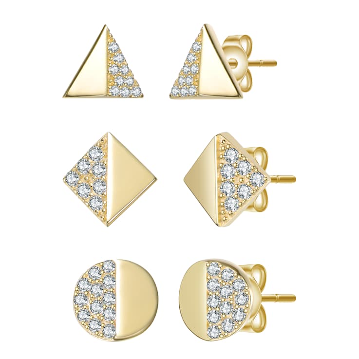 Pave CZ Stud Earrings Three-Piece Set In 14K Gold Over Sterling Silver