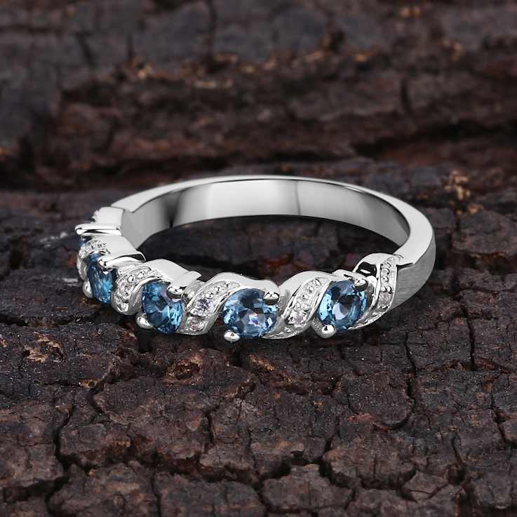 London Blue Topaz and White Topaz Sterling Silver 5 five Stone Band Ring