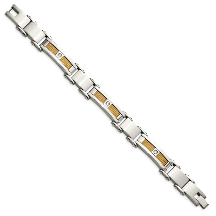 White Cubic Zirconia Stainless Steel Polished Yellow IP Plated Men's Bracelet