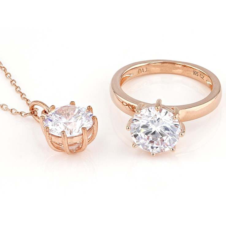 Solitaire CZ Pendant And Ring Set In 18K Rose Gold Over Sterling Silver