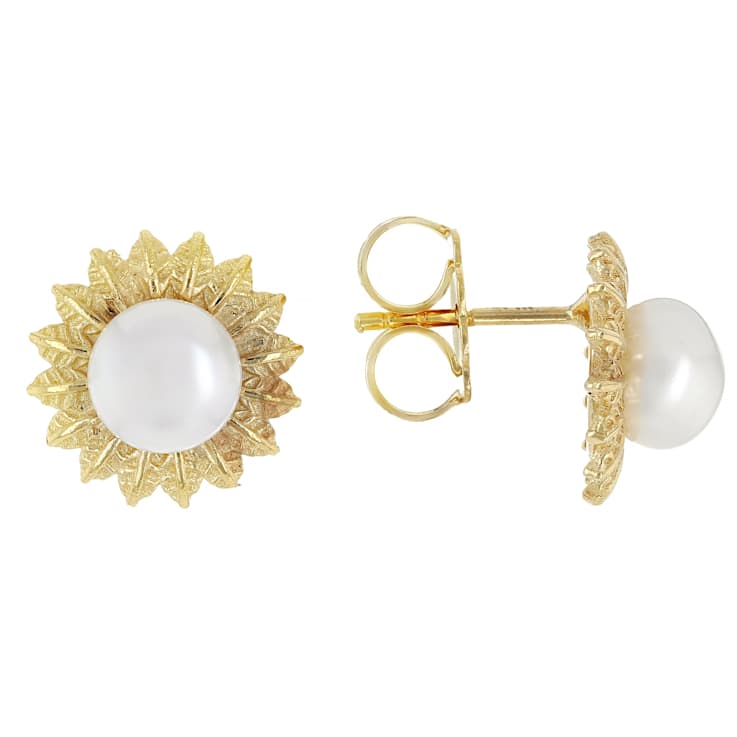Cultured Freshwater Pearl Sunburst Stud Earrings In 18K Gold Over
Sterling Silver 6.5-7mm