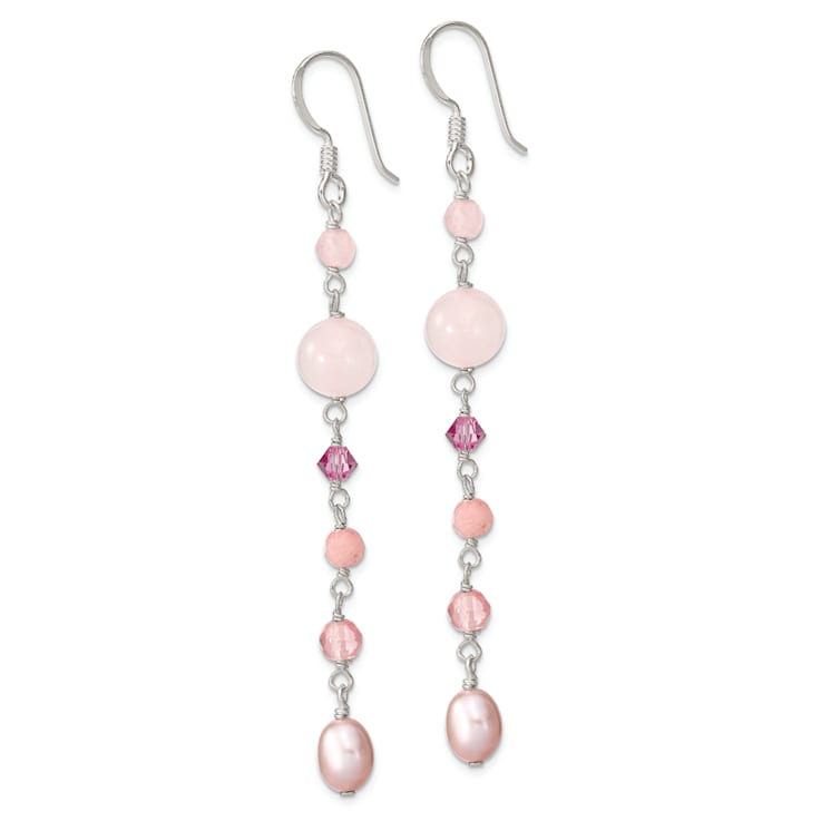 Sterling Silver Pink Freshwater Pearl, Red and Rose Quartz, Pink Jadeite
and Thulite Dangle Earrings