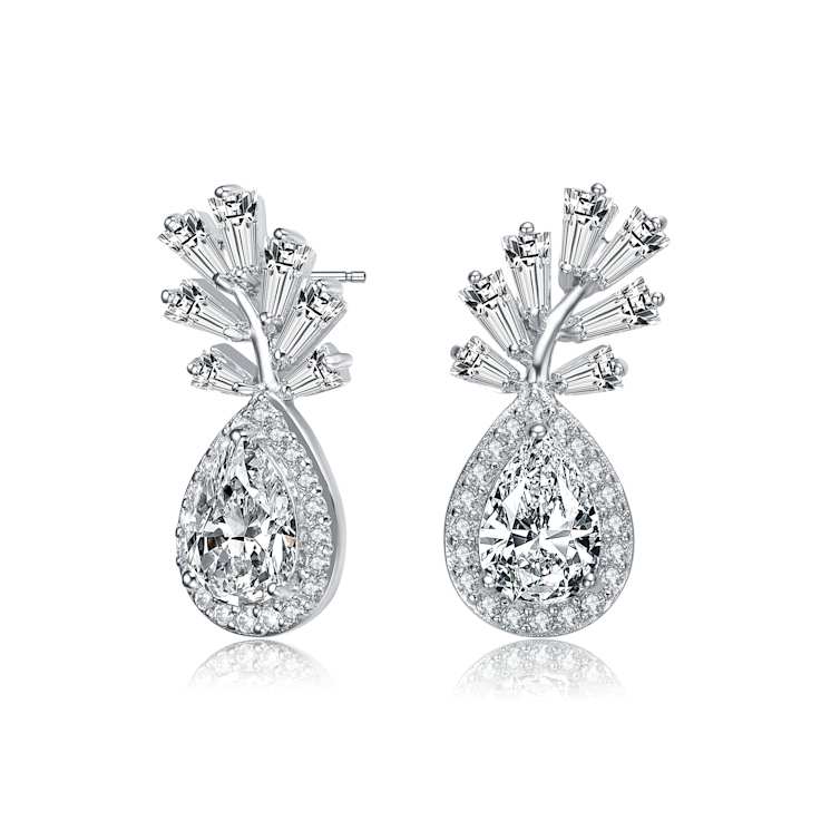 CZ Halo Drop Earrings In Sterling Silver